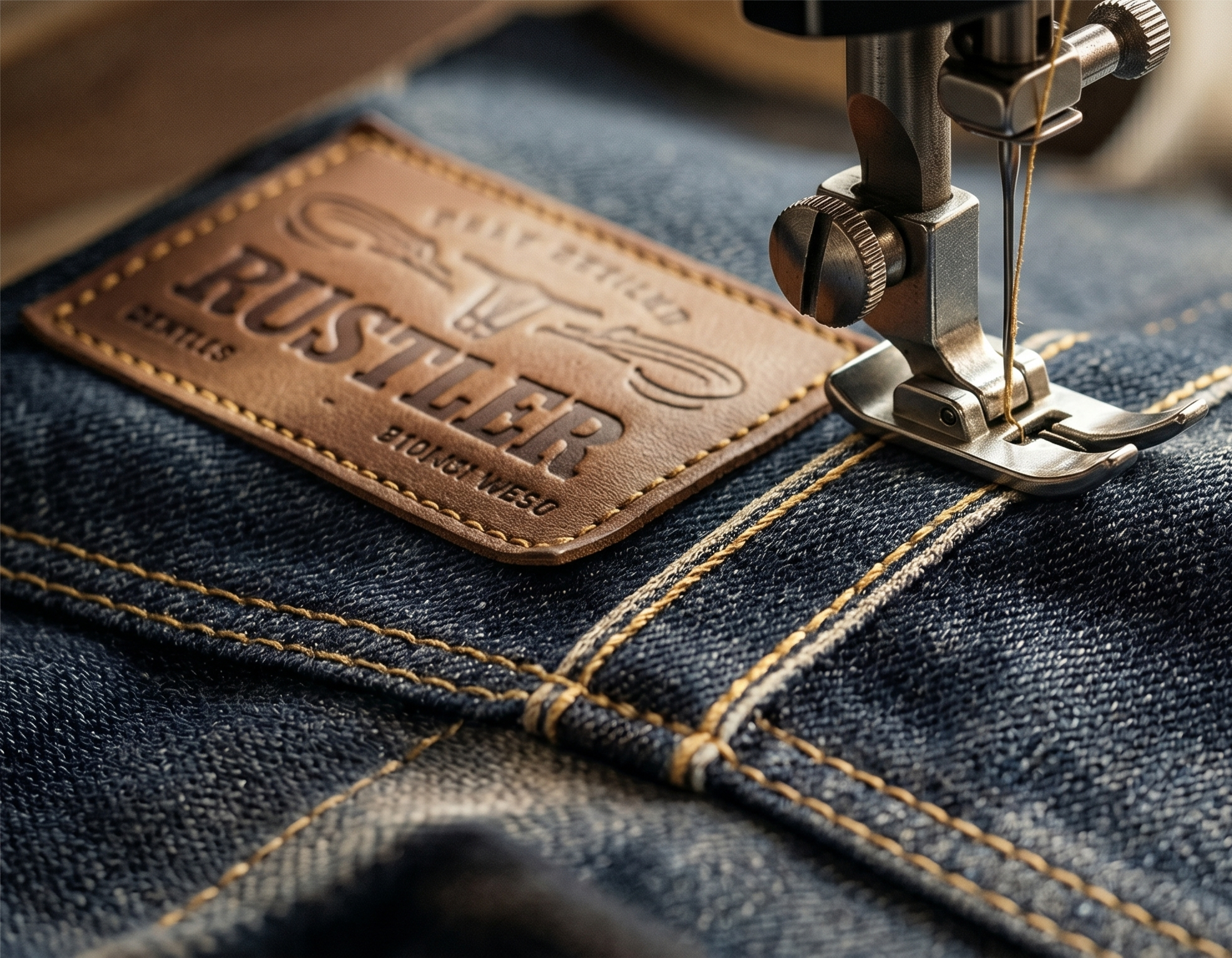 Sewing leather label on denim